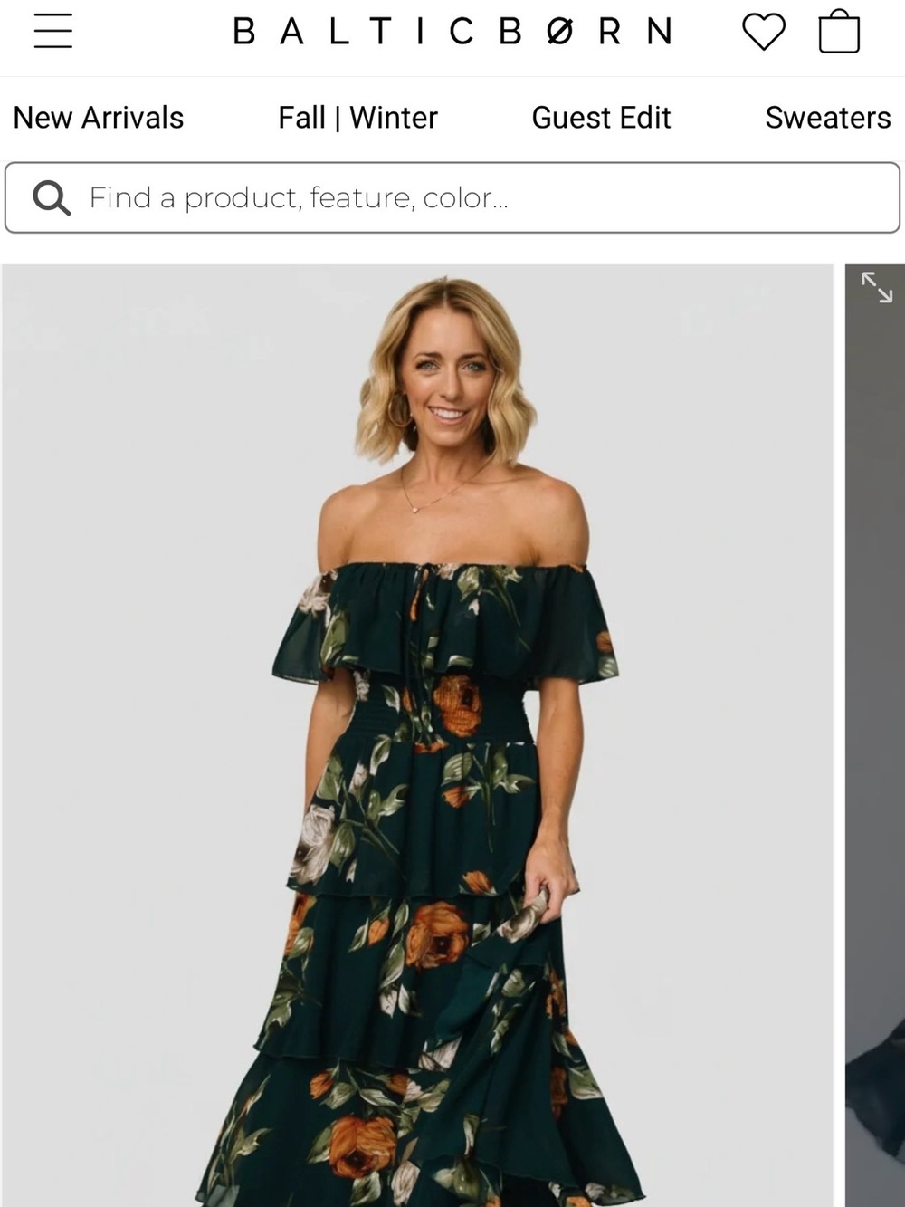 Baltic Born Off-Shoulder Floral Maxi Dress in Forest Green with Rust Blooms